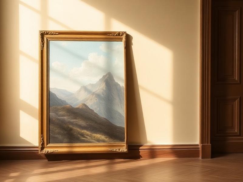 Framed oil painting of a mountain landscape